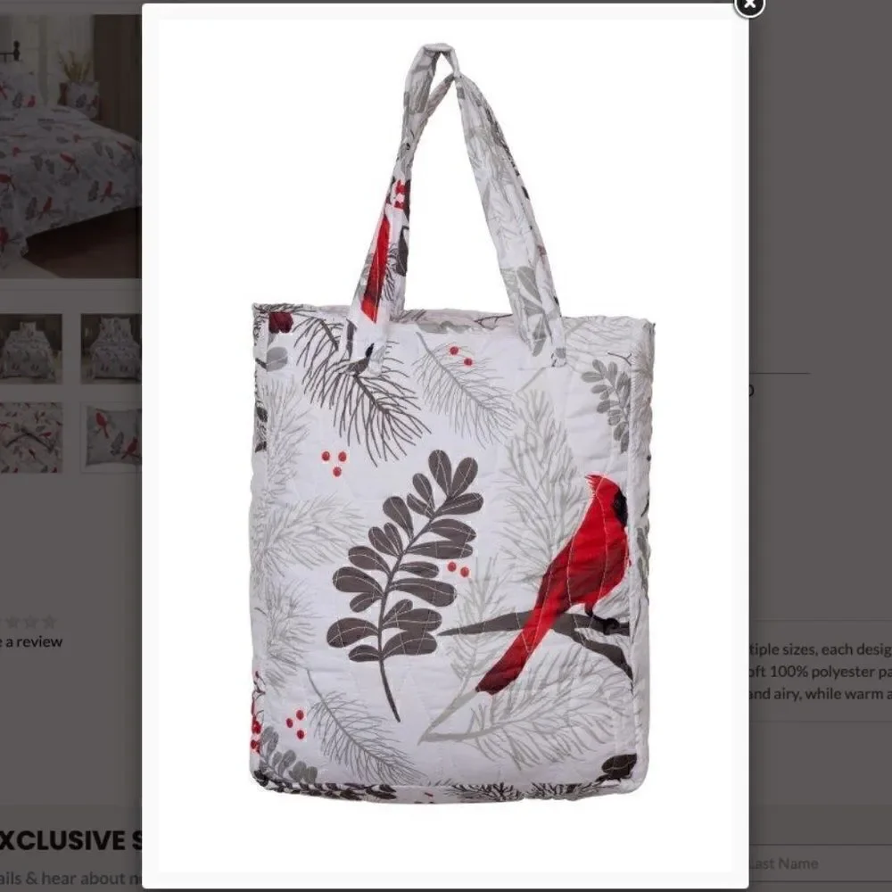 NEW! Red Cardinals Farmhouse Printed QUEEN Quilt Set with matching Tote Boho